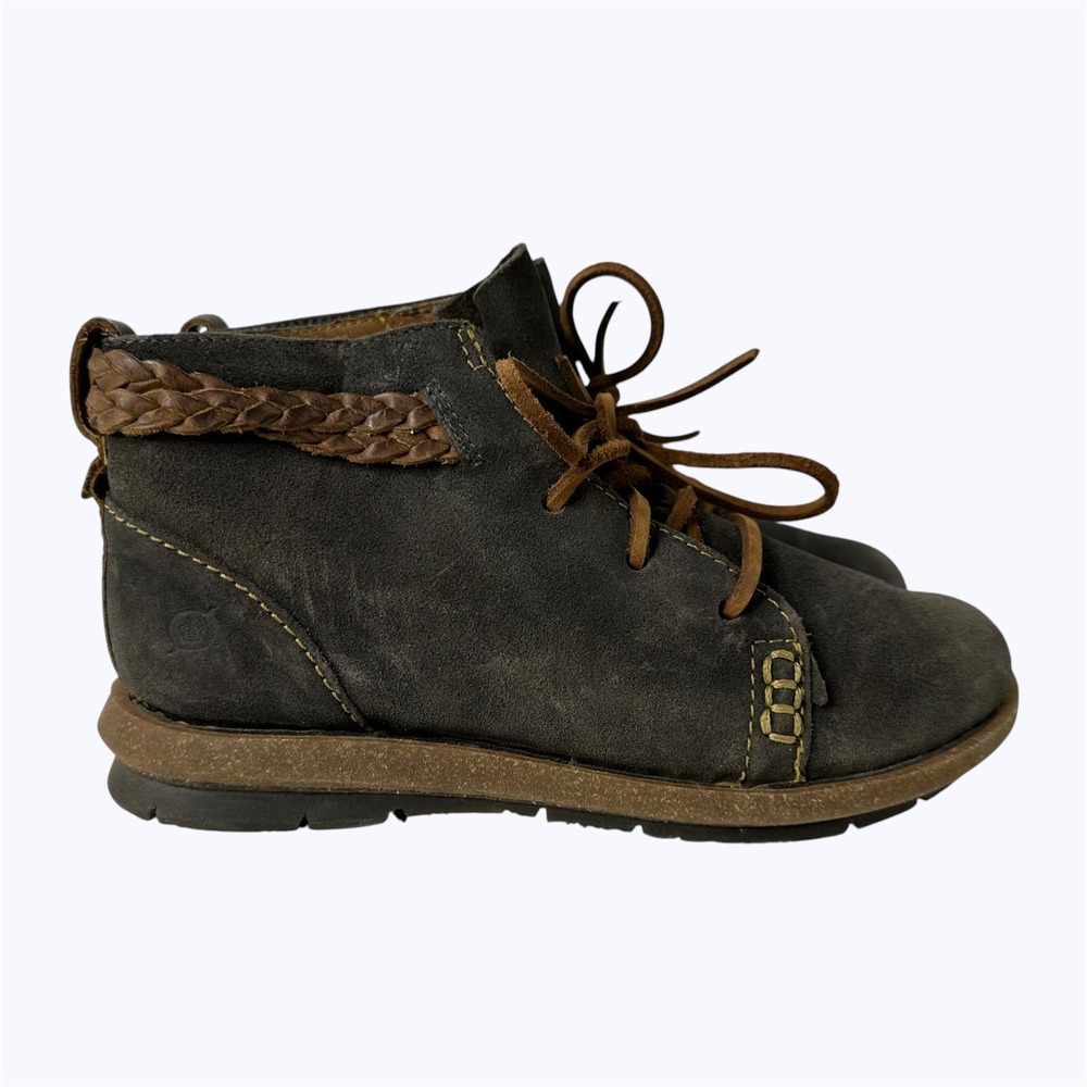 Born Temple Ankle Boots Gray Distressed Suede Braided Leather Lace Up Boho Sz 7‎